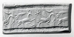 Cylinder seal (with caps preserved) with animals and divine symbols, Black Steatite, copper/bronze caps, Assyrian
