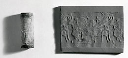 Cylinder seal with hunting scene, Beige fossiliferous Limestone, stained green at ends, Assyrian