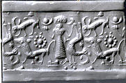 Cylinder seal and modern impression: female figure, ibex, lion, Black-grey hematite, Cypriot