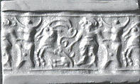 Cylinder seal and modern impression: man grasping an antelope, bull's head over ingot, Black-grey steatite, Cypriot