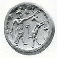 Stamp seal (conoid) with two-figure contest
, Brown, neutral, and white Agate (Quartz), Assyro-Babylonian