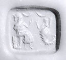 Rectangular plaque seal with stepped pyramidal back, Steatite, green black, Akkadian or Neo-Sumerian