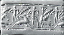 Cylinder seal and modern impression: man, goat, griffin, nude figure, and 