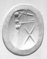 Stamp seal (scaraboid with pointed top) with cultic scene
, Flawed neutral Chalcedony (Quartz), Assyro-Babylonian