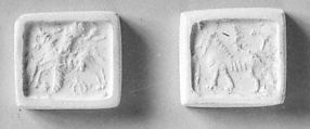 Stamp seal (cubical) with animals, monsters, and divine symbols
, Serpentine, black, Assyrian