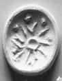 Stamp seal (bifacial scaraboid) with animal and divine symbol
, Limestone, olive brown, Assyrian
