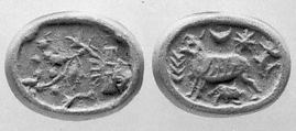 Stamp seal (bifacial disk) with animals and divine symbols
, Steatite, brown, Assyrian