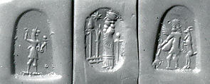 Stamp seal (octagonal pyramid) with cultic scene, demon, and two-figure contest
, Banded and flawed blue Chalcedony (Quartz), Assyro-Babylonian