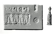 Stamp-cylinder seal with cultic scene, surmounted by (a plaster copy?) double-faced Pazuzu head, Copper/bronze alloy, plaster, Urartian