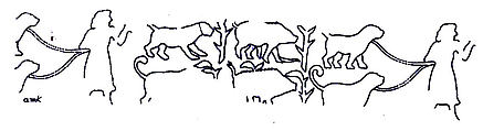 Proto-Cuneiform tablet with seal impressions: administrative account of barley distribution with cylinder seal impression of a male figure, hunting dogs, and boars, Clay, Sumerian