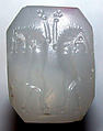 Stamp seal (octagonal pyramid) with animal contest
, Banded and flawed neutral Chalcedony (Quartz), Achaemenid