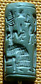 Cylinder seal and modern impression: worshiper with an animal offering before a seated deity, Apatite, Elamite