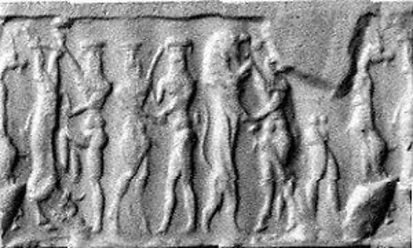 Cylinder seal with human and animal contests H. 7/8 in. ( 2.2 cm ); Diam. 1/2 in. (1.2 cm)