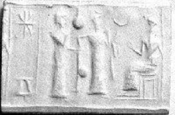 Cylinder seal with ritual scene H. 15/16 in. (2.4 cm); Diam. 1/2 in. (1.2 cm)
