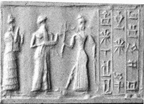 <bdi class="metadata-value">Cylinder seal and modern impression: suppliant goddess and offering bearer approaching Ishtar, three columns of inscription H. 15/16 in. (2.4 cm); Diam. 1/2 in. (1.2 cm)</bdi>