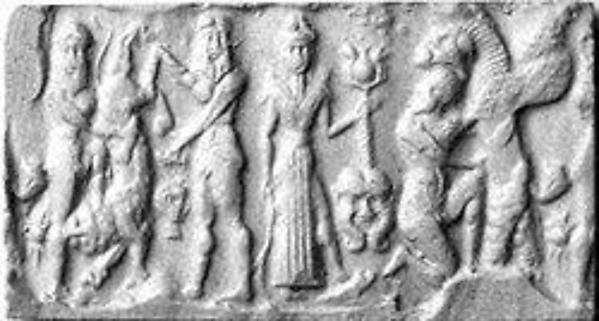 <bdi class="metadata-value">Cylinder seal and modern impression: heroes and animals in combat, head of the monster Humbaba H. 7/8 in. (2.3 cm); Diam. 9/16 in. (1.4 cm)</bdi>