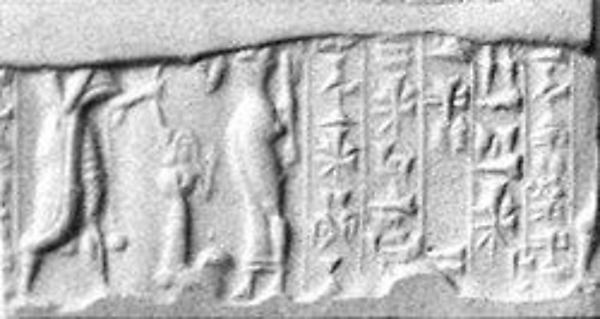 Cylinder seal and modern impression: confronted king and goddess (?), five rows of inscription H. 11/16 in. (1.7 cm); Diam. 1/2 in. (1.2 cm)