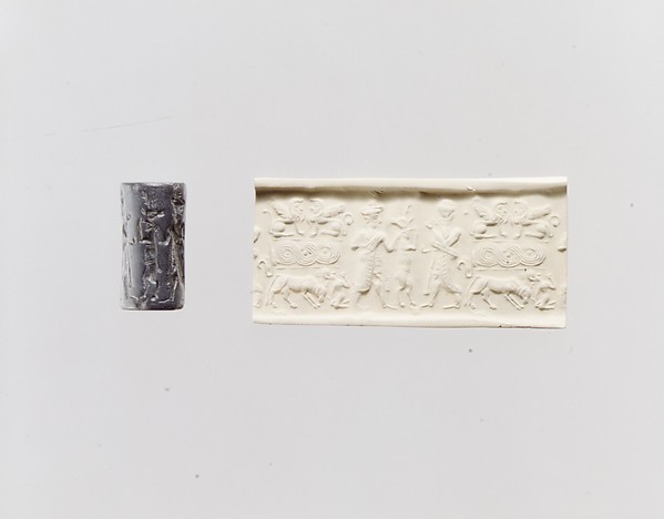 Cylinder seal and modern impression: deity, goat, and worshiper; terminal; sphinxes, guilloche, bull and leaper (?) by an unrecorded maker, The Metropolitan Museum of Art