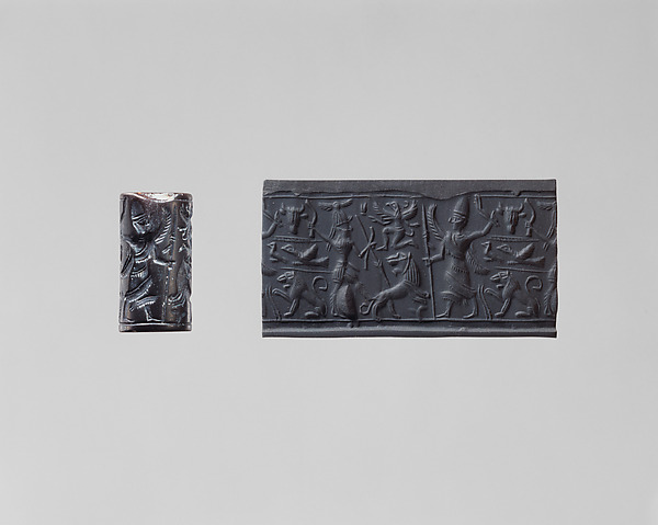 Cylinder seal and modern impression: hunter spearing a lion before deity with staff
