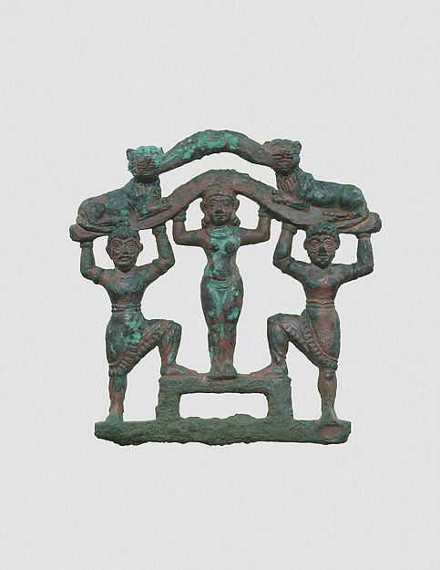 Plaque with a nude female between two bearded males wearing kilts 3 7/8 x 3 7/8 in. (9.7 x 9.7 cm)