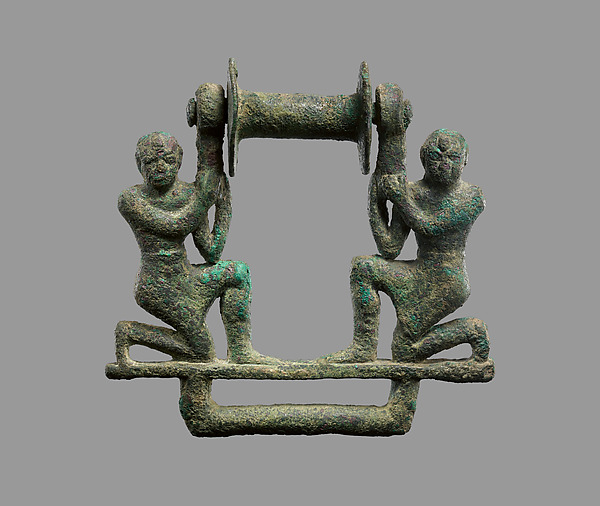 Plaque with two male figures supporting a roller 4 x 4 1/8 in. (10.2 x 10.5 cm)