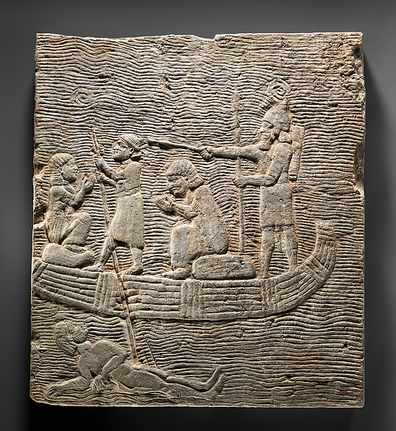 Relief fragment: Assyrian soldier conducting captives across the water 20 1/4 x 18 1/4 in., 48lb. (51.6 x 46.3 cm) 48 lbs
