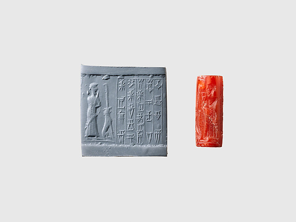 Cylinder seal and modern impression: male worshiper, dog surmounted by a standard H. 0.97 in. (2.46 cm)