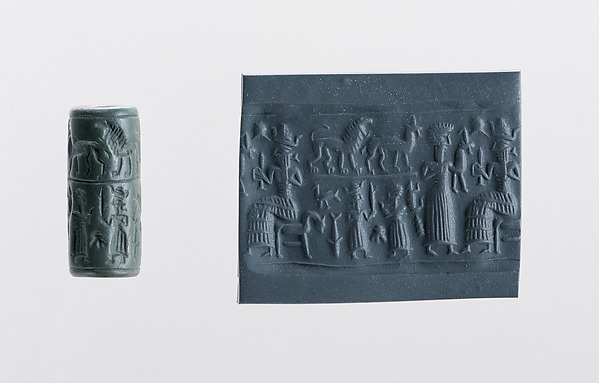 Cylinder seal and modern impression: worshiper with an animal offering before a seated deity by an unrecorded maker, The Metropolitan Museum of Art