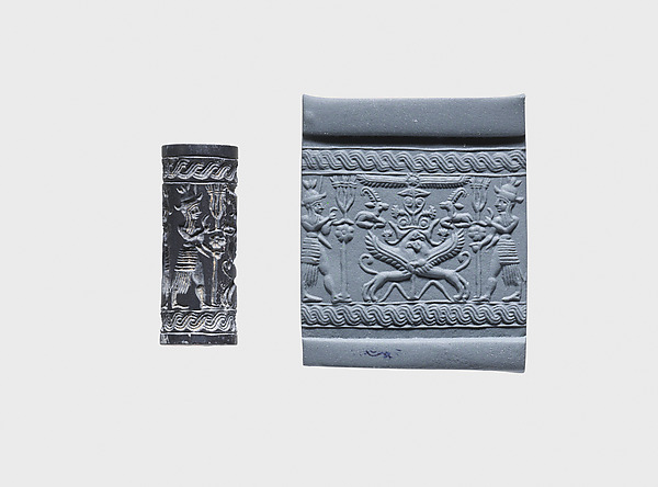 Cylinder seal and modern impression: weather gods framing heraldic griffins at tree below winged sun disc and ibexes by an unrecorded maker, The Metropolitan Museum of Art