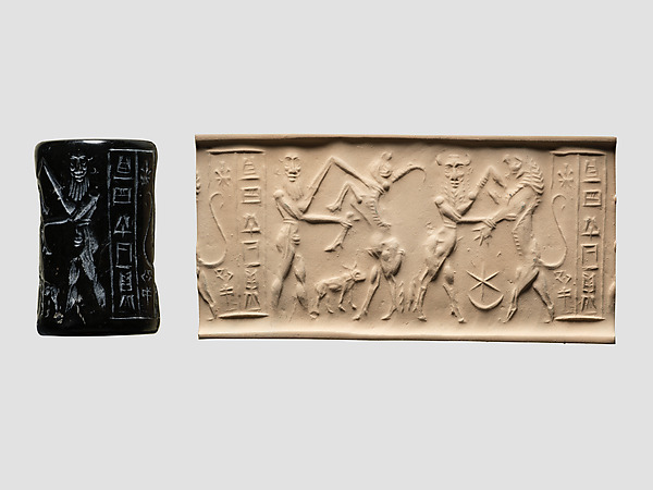 Cylinder seal and modern impression: bull-man wrestling with lion; nude bearded hero wrestling with a water buffalo by an unrecorded maker, The Metropolitan Museum of Art