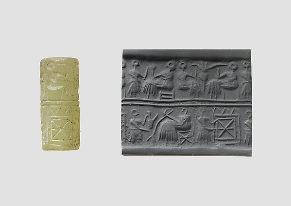 Cylinder seal and modern impression: banquet scene with seated figures drinking a liquid through straws by an unrecorded maker, The Metropolitan Museum of Art