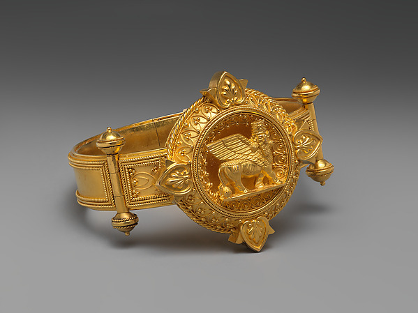Hinged bracelet with Assyrian human-headed winged bull medallion