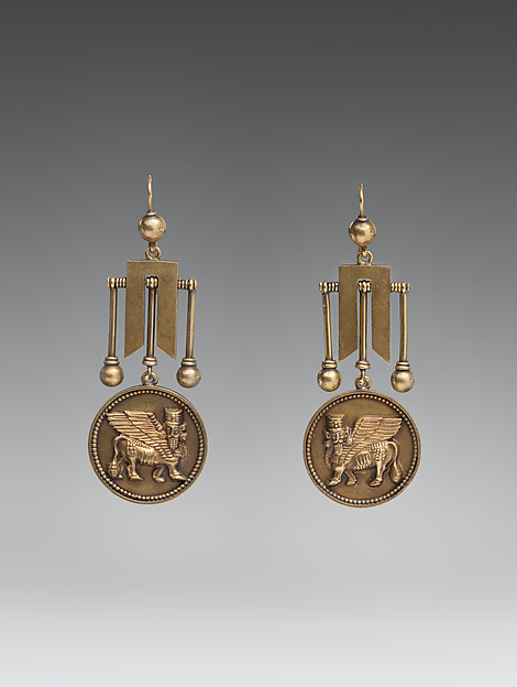 Earrings with Assyrian human-headed winged bulls