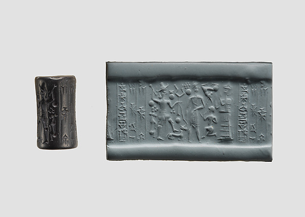 Cylinder seal and modern impression: god with mace and suppliant goddess by an unrecorded maker, The Metropolitan Museum of Art
