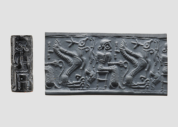 Cylinder seal and modern impression: seated figure holding the tail of a griffin by an unrecorded maker, The Metropolitan Museum of Art