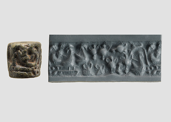 Cylinder seal and modern impression: female figure seated on a platform with "pigtailed ladies" and pots by an unrecorded maker, The Metropolitan Museum of Art