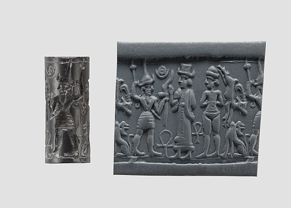 Cylinder seal and modern impression: smiting weather god before a Syrian goddess, nude goddess; ankh symbols by an unrecorded maker, The Metropolitan Museum of Art