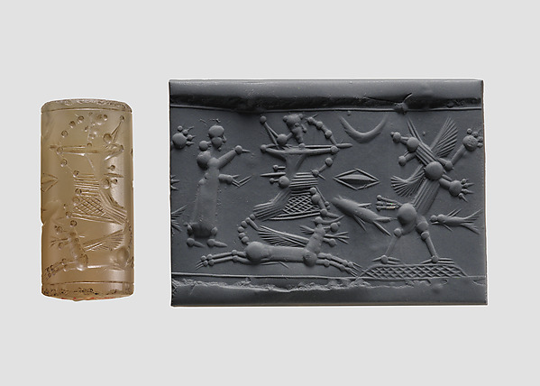Cylinder seal with mythological contest scene by an unrecorded maker, The Metropolitan Museum of Art