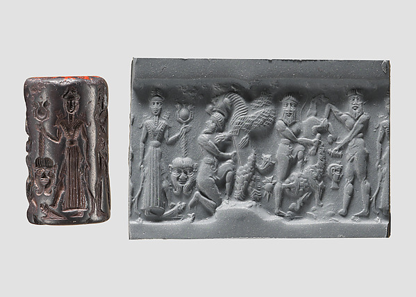 Cylinder seal and modern impression: heroes and animals in combat, head of the monster Humbaba by an unrecorded maker, The Metropolitan Museum of Art