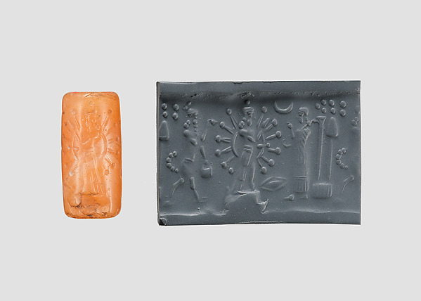 Cylinder seal with cultic scene by an unrecorded maker, The Metropolitan Museum of Art