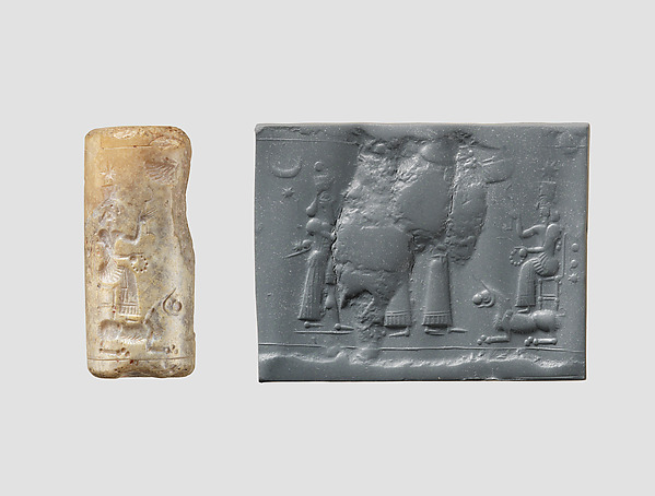 Cylinder seal with cultic scene by an unrecorded maker, The Metropolitan Museum of Art