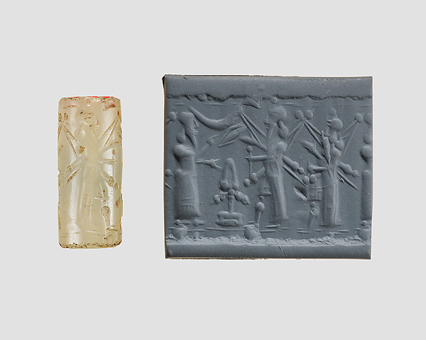 Cylinder seal with cultic scene by an unrecorded maker, The Metropolitan Museum of Art