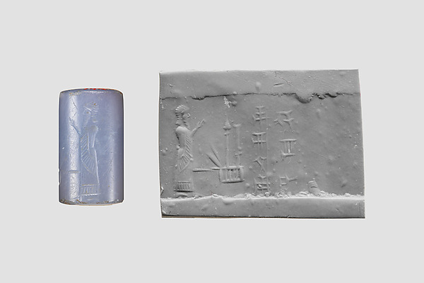 Cylinder seal with cultic scene by an unrecorded maker, The Metropolitan Museum of Art