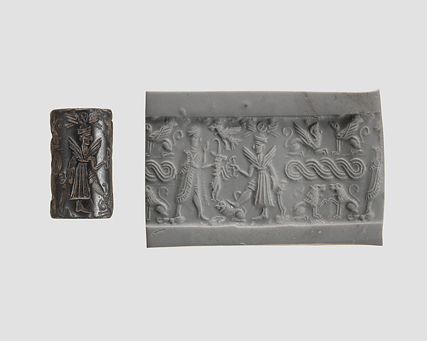 Cylinder seal and modern impression: offering bearer before winged deity; terminal: sphinxes, guilloche, lions by an unrecorded maker, The Metropolitan Museum of Art