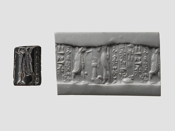 Cylinder seal and modern impression: confronted king and goddess (?), five rows of inscription by an unrecorded maker, The Metropolitan Museum of Art