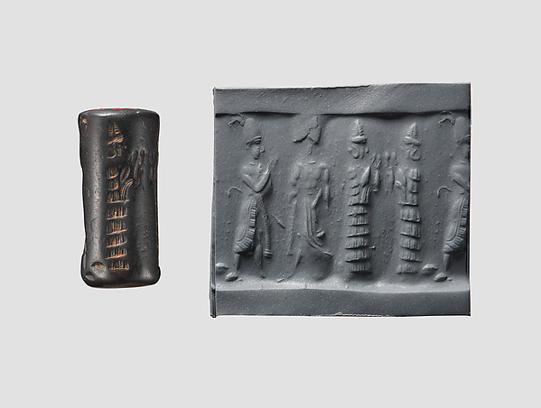 Cylinder seal and modern impression: suppliant goddesses and worshipers by an unrecorded maker, The Metropolitan Museum of Art