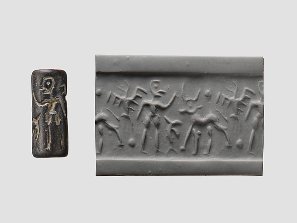 Cylinder seal and modern impression: bird, man, horned animal by an unrecorded maker, The Metropolitan Museum of Art