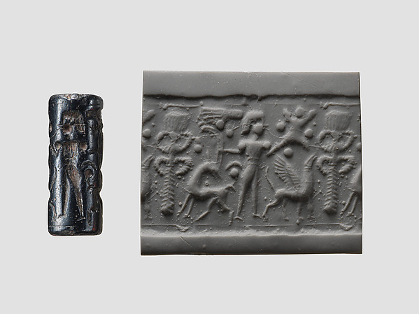 Cylinder seal and modern impression: palmette tree flanked by winged griffin and caprid; figure between them with raised hands; ingot by an unrecorded maker, The Metropolitan Museum of Art