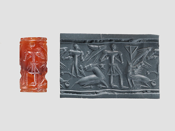 Cylinder seal and modern impression: man, goat, griffin, nude figure, and "impaled triangle" by an unrecorded maker, The Metropolitan Museum of Art