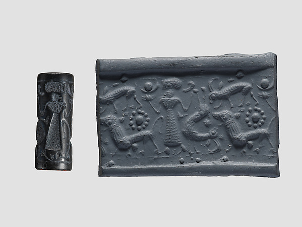 Cylinder seal and modern impression: female figure, ibex, lion by an unrecorded maker, The Metropolitan Museum of Art